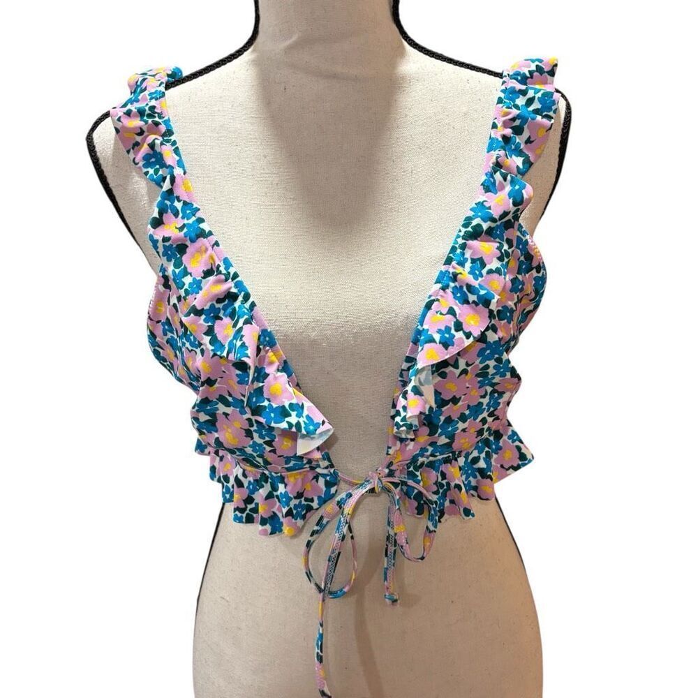 Show Me Your Mumu Floral Pink Blue Tied Front Ruffled Edges Adjustable Straps XL